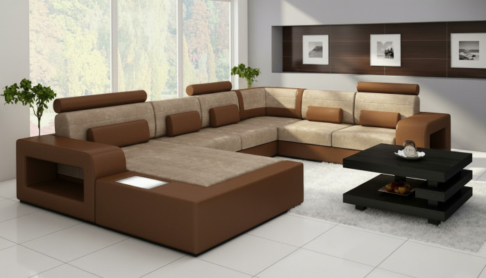Wohnlandschaft Sofa mit USB,Sofagarnitur Stoff Textil Leder Sofa mit Beleuchtung