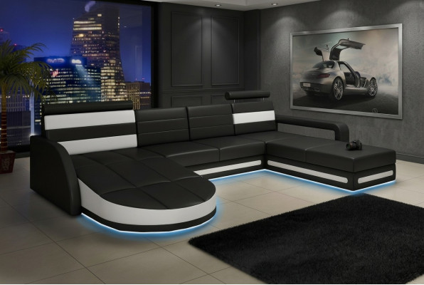 XXL WOHNLANDSCHAFT COUCH GARNITUR DESIGN ECKCOUCH Schwarz LEDERSOFA mit USB Neu