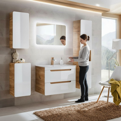 Design Badezimmer Möbel Bad Garnitur Schrank Waschbecken Deko Beleuchtung