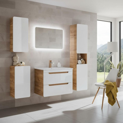 Design Badezimmer Möbel Bad Garnitur Schrank Waschbecken Deko Beleuchtung