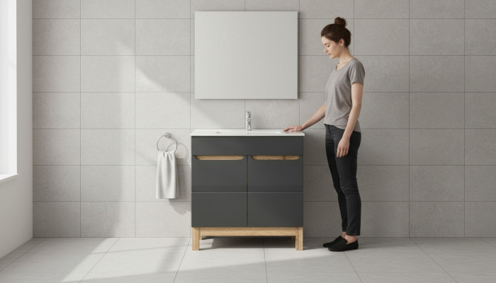 Grauer Waschtisch mit Unterschrank Hochwertige Waschbecken