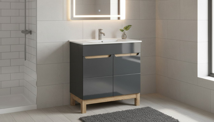Grauer Waschtisch mit Unterschrank Hochwertige Waschbecken