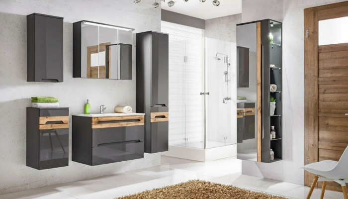 Design Badezimmer Möbel Bad 6 tlg. Set Garnitur Schrank Waschbecken Beleuchtung