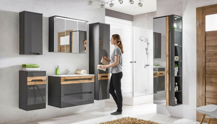 Design Badezimmer Möbel Bad 5 tlg. Set Garnitur Schrank Waschbecken Beleuchtung