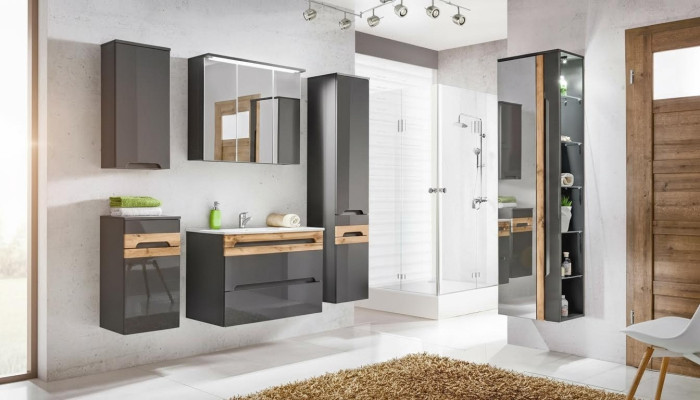Design Badezimmer Möbel Bad 5 tlg. Set Garnitur Schrank Waschbecken Beleuchtung