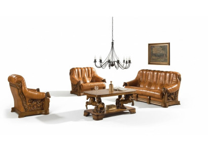 Wohnzimmer Sofagarnitur Couch Sitz Sofa Leder Holz 3+2 Set Garnitur Neu