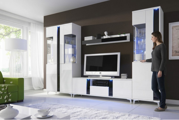 Hochglanz Wohnwand Deko Schrankwand Wohnzimmer Schrank Vitrine Sideboard
