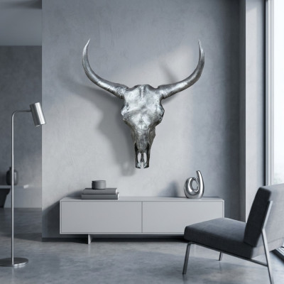 Silberner Bullenschädel Stierkopf Wand Skulpturen Höhe 60 cm Deko Figur Wand