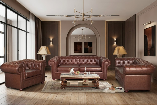 Klassische braune Chesterfield Leder Couch Polster Sitz Garnitur 3 Sitzer