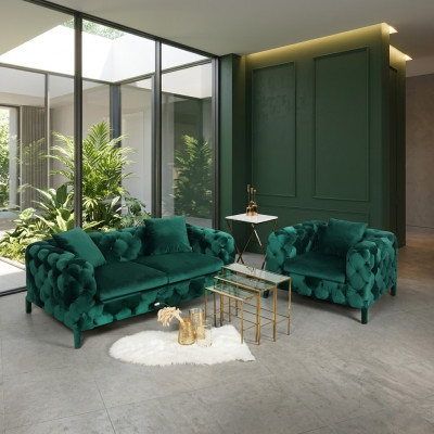 Grüne Chesterfield 3+1 Sitzgarnitur Sofa Stoff Couchen Polster Garnitur