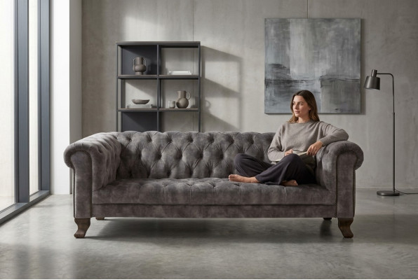 Klassische Leder Couch - Graue Chesterfield Stoff Sofa 3 Sitzer  Neu jvmoebel ®