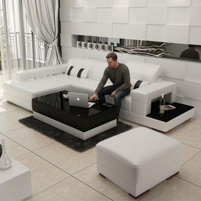 Ecksofa Couch Polster Wohnlandschaft Leder Eck Sofas Garnitur L Form mit Hocker