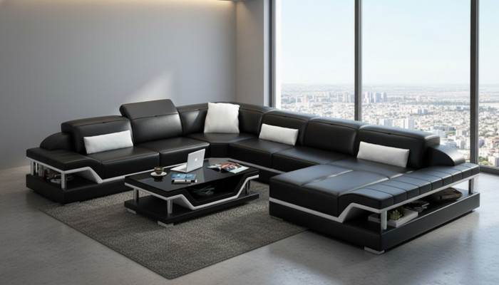 Designer Sofa Couch Ecksofa mit Hocker Polster Garnitur Wohnlandschaft U-Form