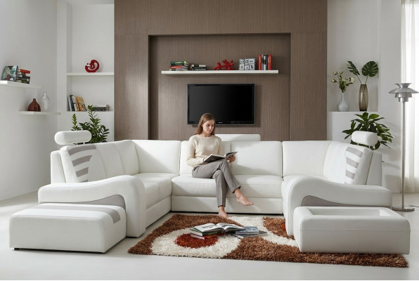Moderne Sofa Eckgarnitur L Form Polster Sitz Ecke Dekor Couch + Hocker