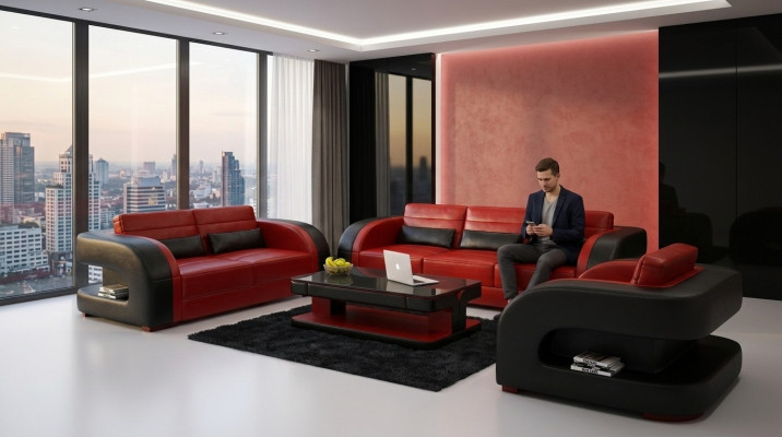Luxuriöse Wohnzimmer Sofagarnitur 3+2 Set Garnitur Leder Polster Couchen
