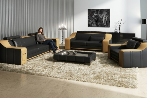 Ledersofa Couch Sofagarnitur Garnituren Design Modern Sofa 3+1+1 Sitzer