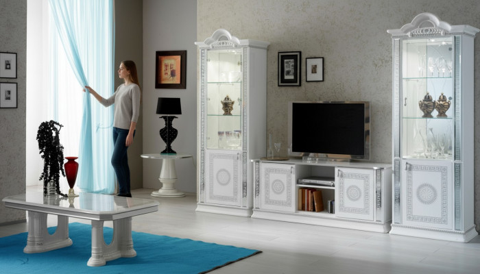 Wohnzimmerset Wohnwand Vitrine Kommode Tisch RTV Vitrinen Komplett 3tlg Set Neu
