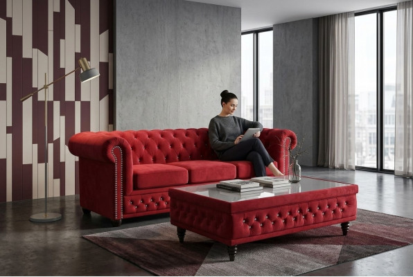 Chesterfield Textil Couch Polster 2 Sitzer Stoff Sofas Couchen Zweisitzer Rot