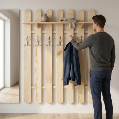 Kleiderschrank Wandschrank mit 7 Haken, Wandpaneel Korridor Echtholz