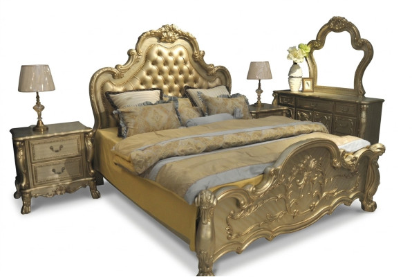 Bett Polsterbett Luxus Doppel Schlafzimmer Barock Holz Leder Betten