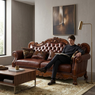 Ledersofa Barock Stil Rokoko Leder Sofa Couch Polster Sitz 3 Sitzer Dreisitzer