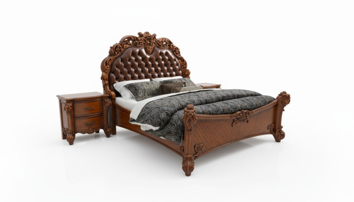 Schlafzimmer Set Bett + 2x Nachttisch Chesterfield Holz Leder Betten Polster