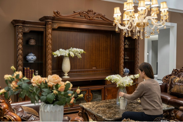 Fernseh Wand Klassisch Wohnwand Echt Handarbeit Holz Vitrine Regal