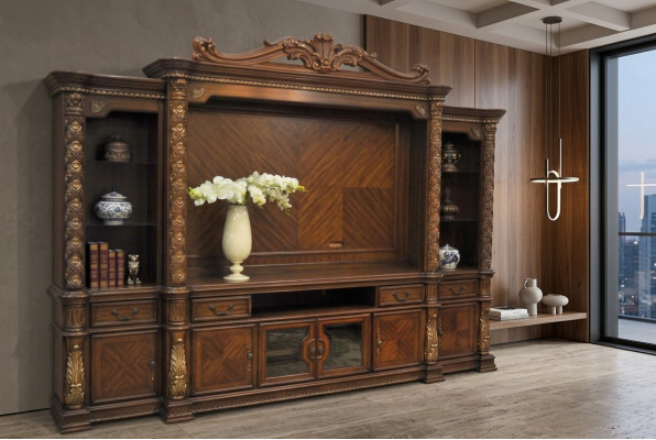 Fernseh Wand Klassisch Wohnwand Echt Handarbeit Holz Vitrine Regal