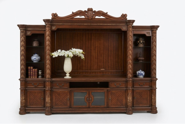 Fernseh Wand Klassisch Wohnwand Echt Handarbeit Holz Vitrine Regal