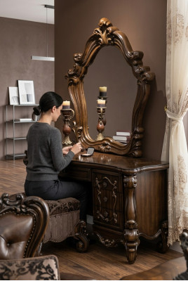 Geschnitzte Barock Möbel Schminktisch Hocker Spiegel Schlafzimmer Kommode 3tlg