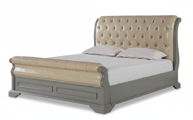 Chesterfield Design Bett Grau 180x200 Doppelbett Betten Polster Lederbett Möbel