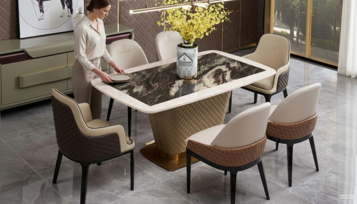 Tisch Esszimmer Garnitur Esstisch Stuhl Set 7tlg. Leder Edelstahl Lehn Stühle