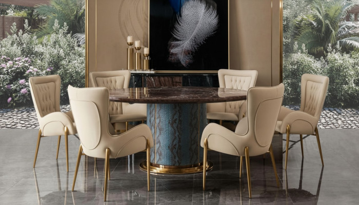 Design Rund Tisch 6x Sessel Stühle Ess Zimmer Sitz Polster Garnitur Runde
