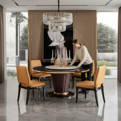 Luxus Designer Esszimmer mit Runden Esstisch & 6 x Lehn Stühle Metall