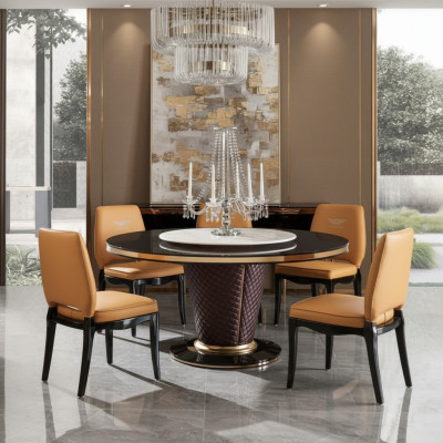 Luxus Designer Esszimmer mit Runden Esstisch & 6 x Lehn Stühle Metall