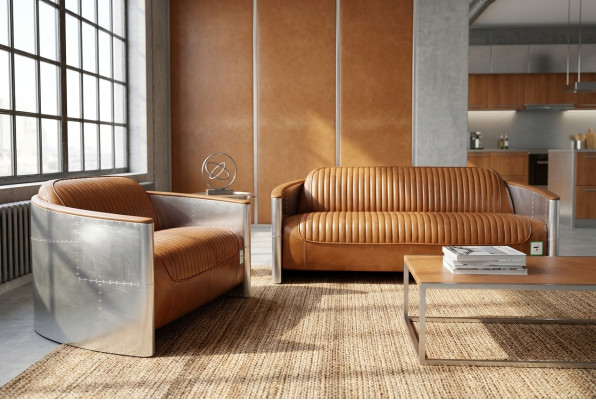 Luxus Vintage Aluminium Leder Sofagarnitur Metall Möbel Couchen Sofas Polster