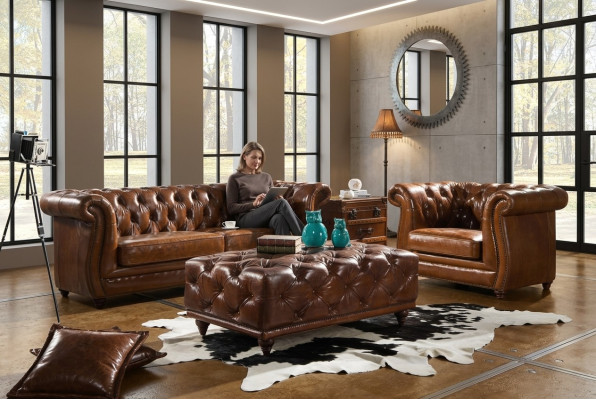 Vintage Chesterfield Sofagarnitur Couch Polster Sofa Leder 3+1 Sitzer Set 2tlg.