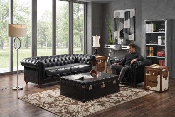 Chesterfield Sofa 3 Sitzer mit Sessel Schwarz Vintage Leder Möbel Stil 2tlg. Neu