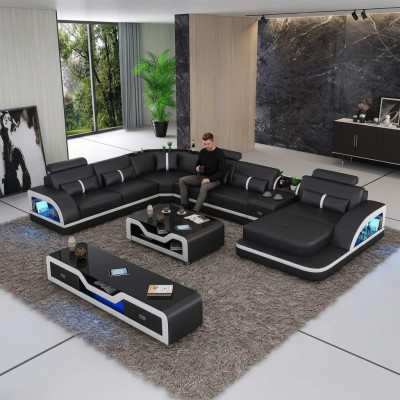 Ecksofa Schwarz mit Couchtisch 2tlg. Wohnzimmer Ledersofa Set Eckgarnitur Tisch