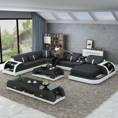 Garnitur Design Wohnlandschaft Ecksofa Sofa Couch U-Form Tisch Leder 2tlg. sets