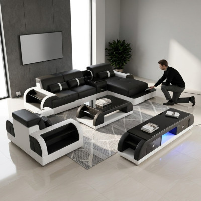 Couch Ecksofa Leder Wohnlandschaft Garnitur Design Modern Sof L-Form Couchtisch