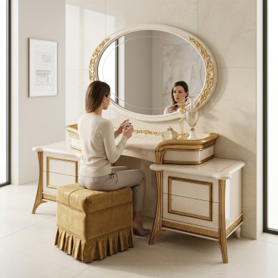 Schminktisch mit Spiegel Luxus Konsole Kommode Schlafzimmer Tisch Barock Rokoko