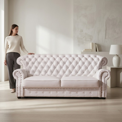Weißer Dreisitzer Chesterfield Hohe Rückenlehne Echt Handarbeit Leder Couch