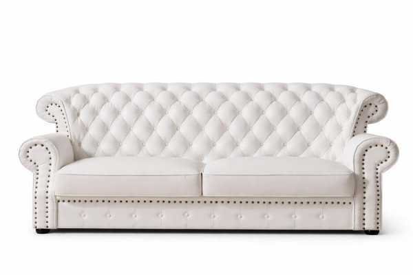 Weißer Dreisitzer Chesterfield Hohe Rückenlehne Echt Handarbeit Leder Couch