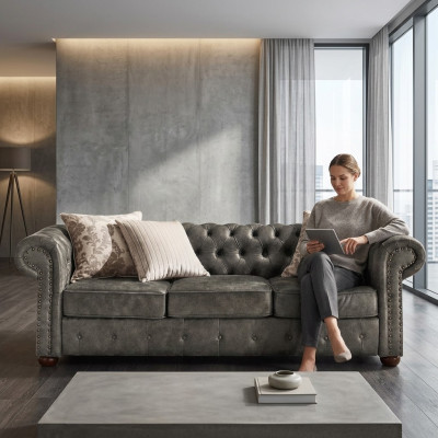 Chesterfield 3 Sitzer Klassische Luxus Barock Rokoko Sofa Textil Leder Couch Neu