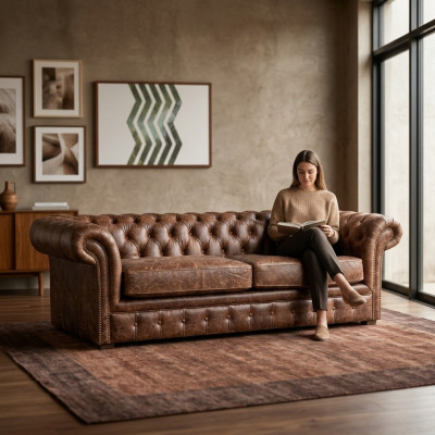 Braun Chesterfield 3 Sitzer Klassische Luxus Barock Sofa Textil Leder Couch Stil