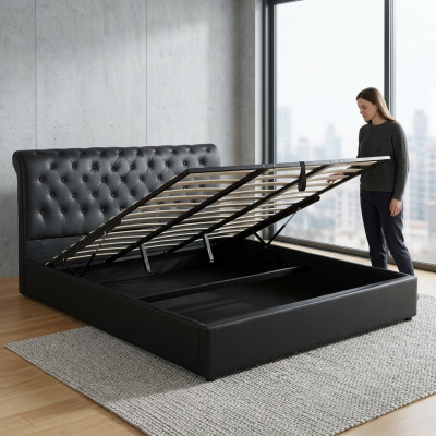 Schwarzes Luxus Chesterfield Designer Doppelbett Polster Bett