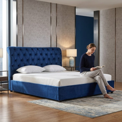 Blaues Chesterfield Doppelbett Schlafzimmer Luxus Möbel Polster Betten