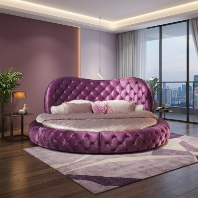 Runde Chesterfield Design Bett Schlafzimmer Textil Leder Polster Lila Rund Luxus