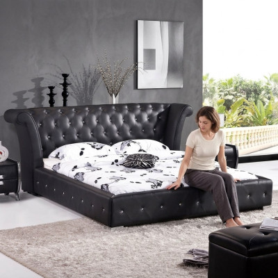 Chesterfield Big Bett XXL Kopfteil Betten Polster Hotel Samt Schwarz Stoff Ohren